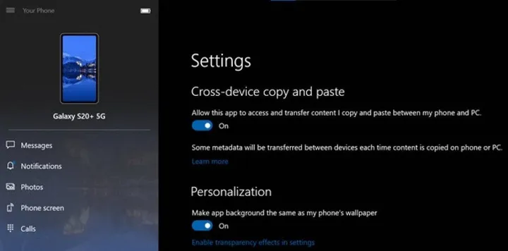 galaxy s20 windows to phone