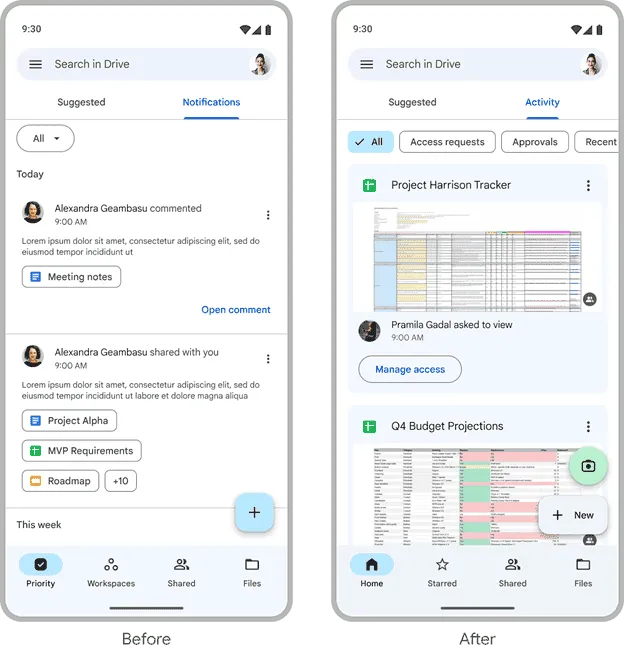 google drive activity view homepge update
