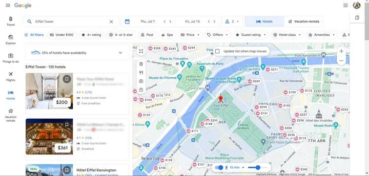 google travel distance filter