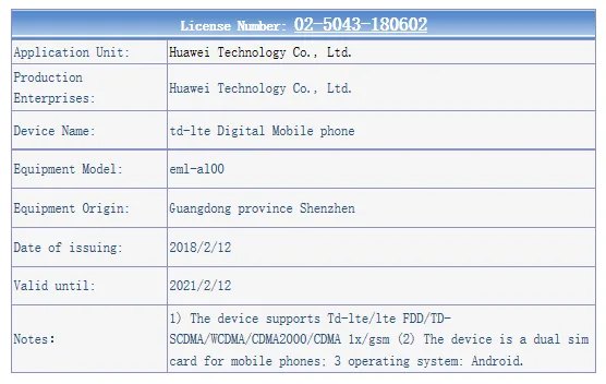 huawei p20 tenaa