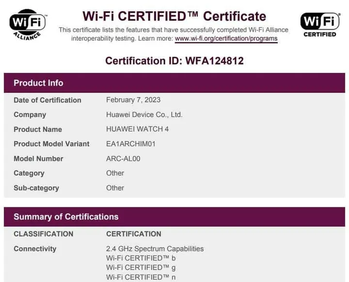 huawei watch 4 certificate wifi
