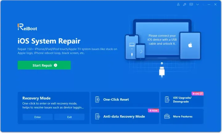 install reiboot and click on ios upgrade downgrade