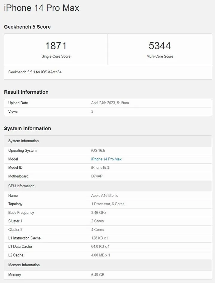 iphone 14 pro max geekbench 5