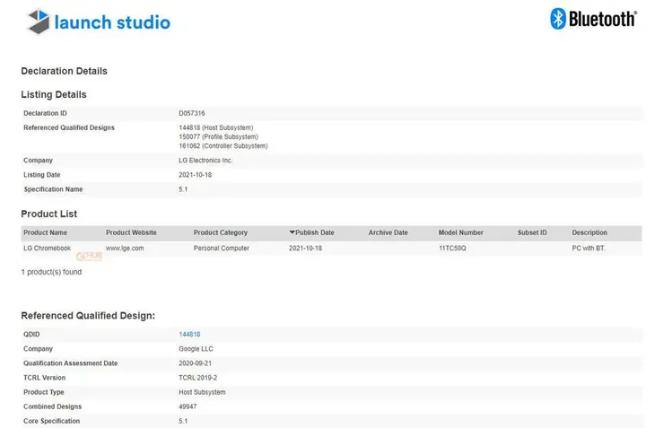 lg chromebook 11tc50q bluetooth sig certification