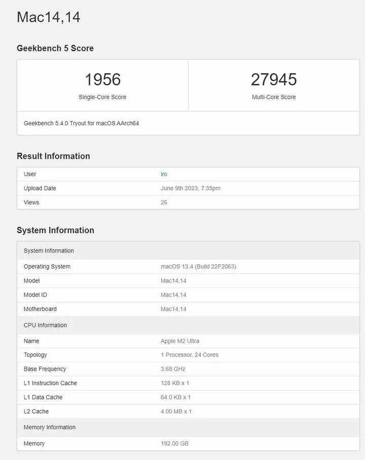 m2 ultra geekbench 5 single core and multi core scores