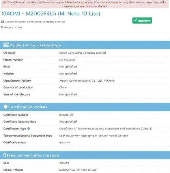 mi note 10 nbtc