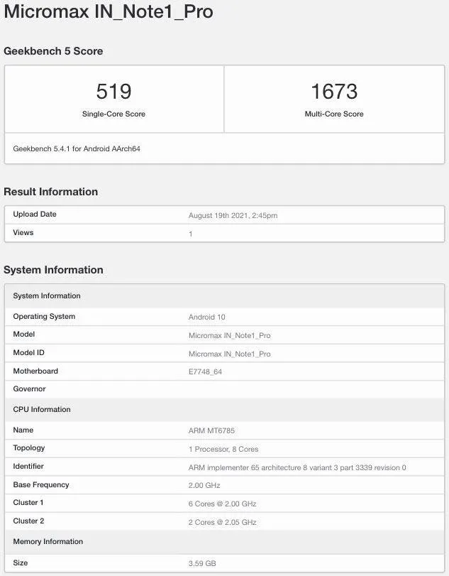 micromax in note1 pro geekbench 1