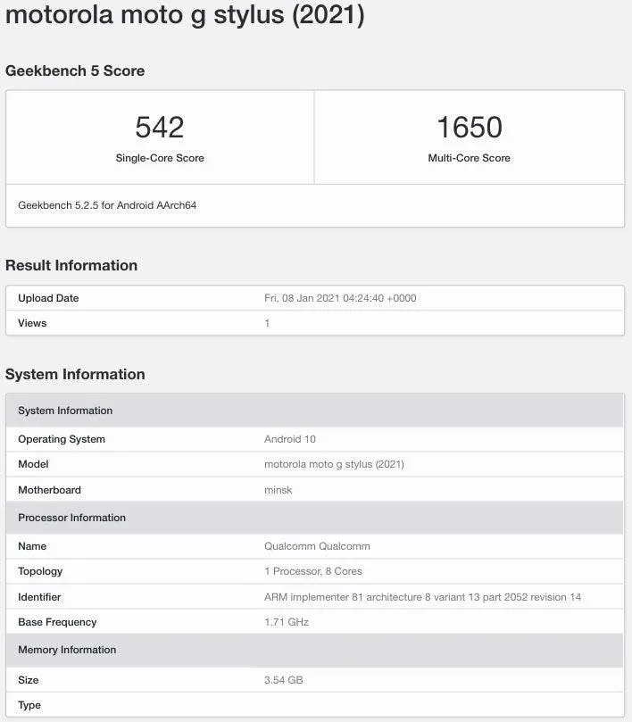 moto g stylus 2021 geekbench
