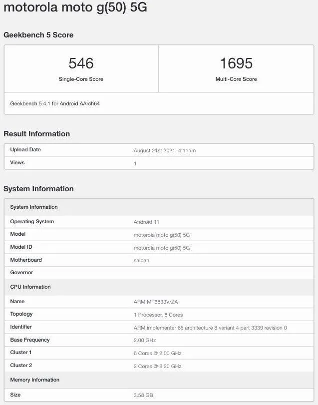 motorola moto g50 5g geekbench