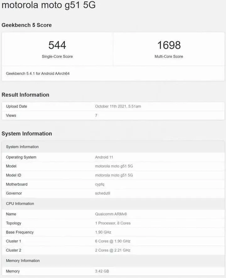 motorola moto g51 5g geekbench
