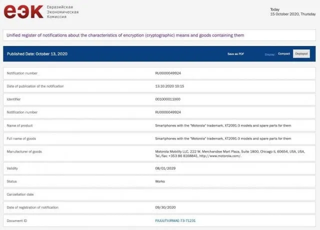 motorola xt2091 eec certification
