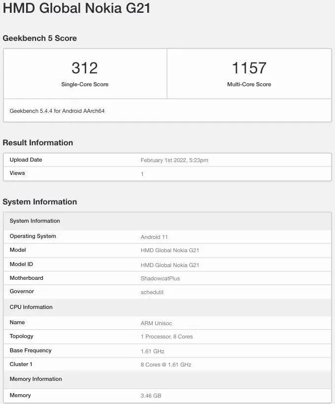 nokia g21 geekbench listing