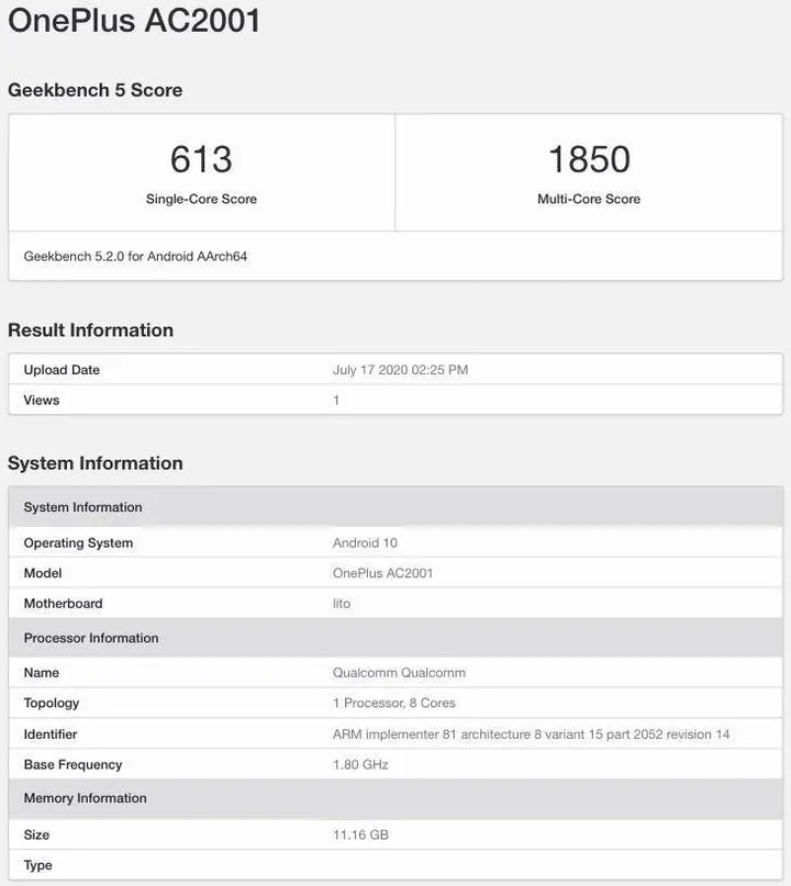 oneplus nord ac2001 geekbench