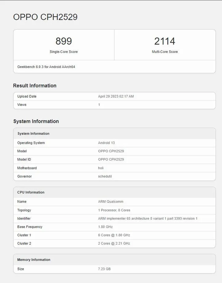 oppo a98 5g geekbench score