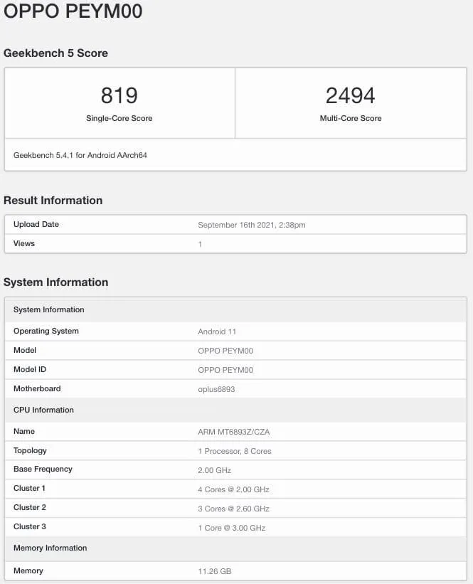 oppo k9 pro 5g geekbench listing