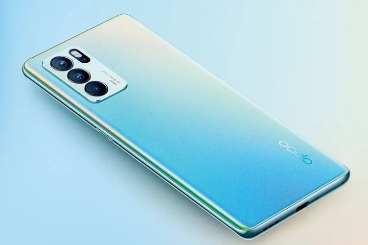 oppo reno 6 pro 5g on light blue gradient background