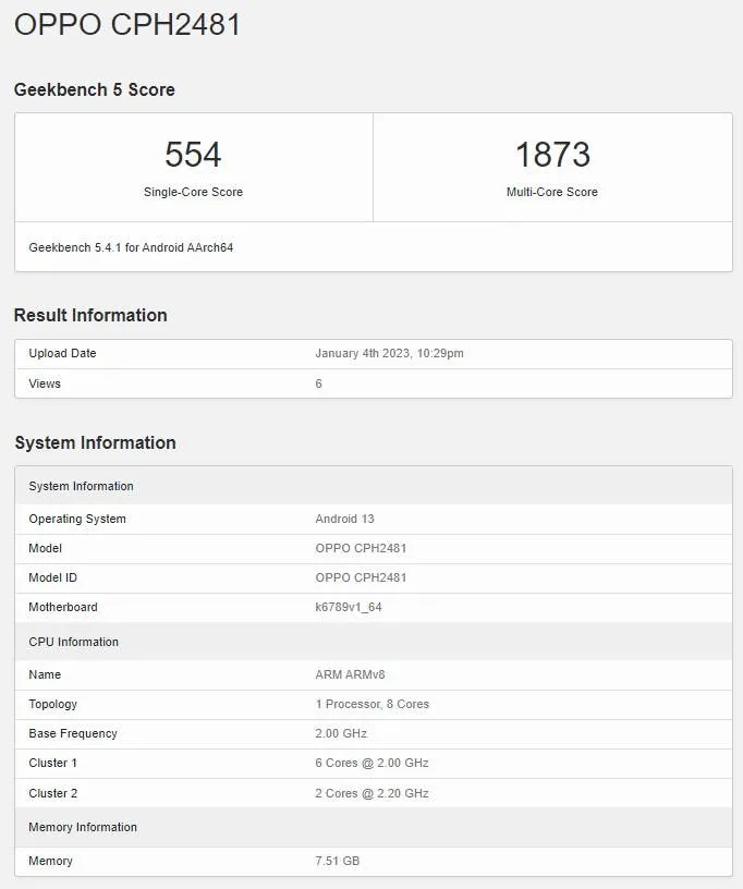 oppo reno 8t geekbench