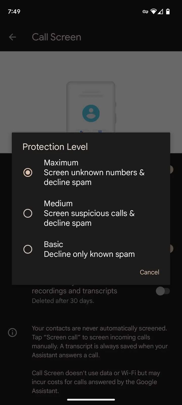 pixel call screen protection level sub menu