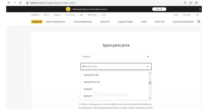 realme 9 4g on realme india website