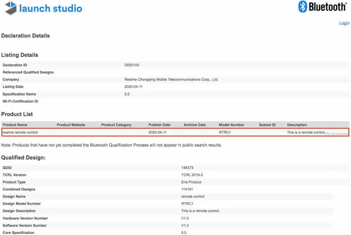 realme renote rtrc1 bluetooth sig 1