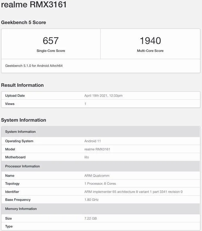 realme rmx3161 geekbench