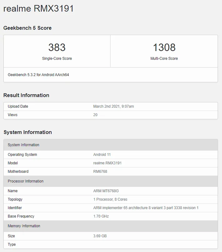 realme rmx3191 geekbench