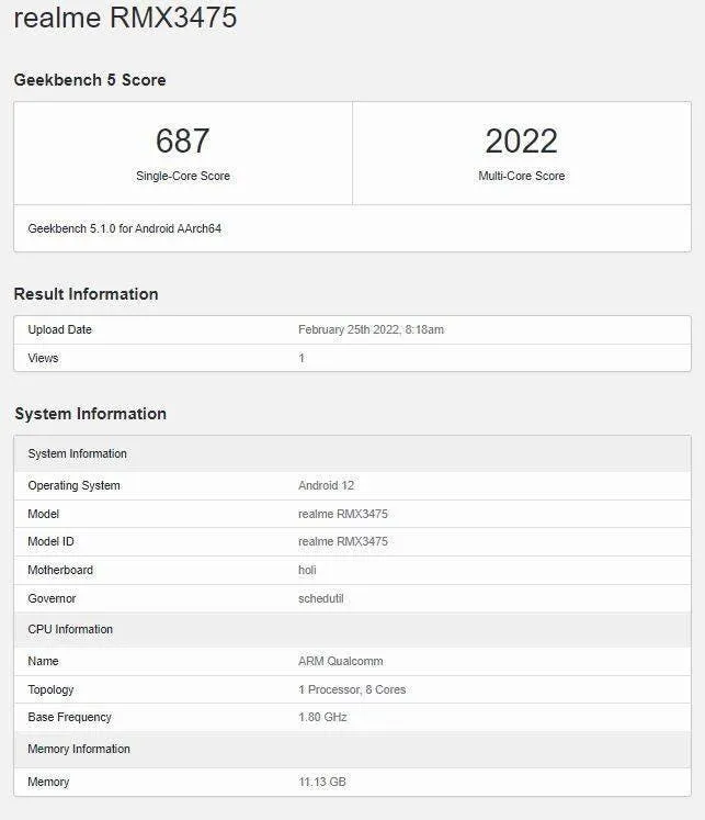 realme v25 geekbench listing