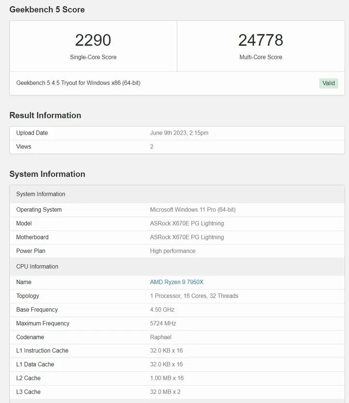 ryzen 9 7950x single core and multi core score