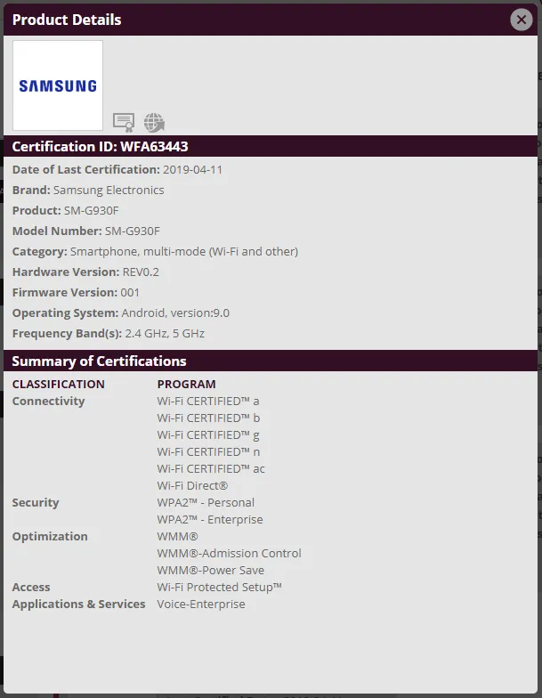 s7 wifi certification