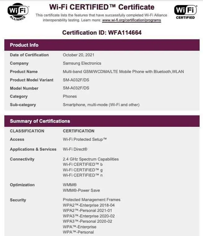 samsung galaxy a03 wi fi alliance