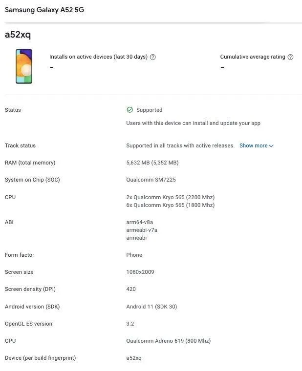samsung galaxy a52 5g google play console