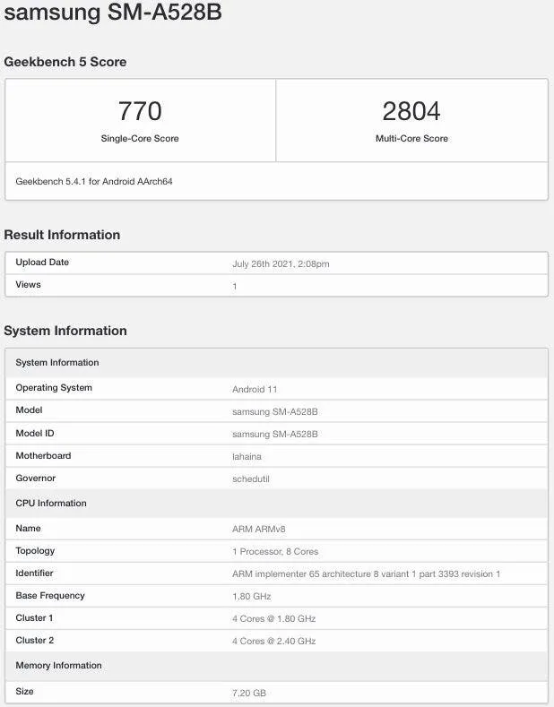 samsung galaxy a52s sm a528b geekbench
