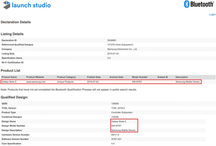 samsung galaxy book s bluetooth certif