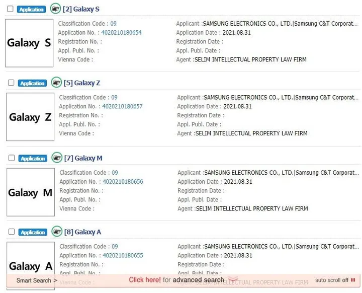 samsung galaxy s galaxy z galaxy m galaxy a lineup trademark renewed