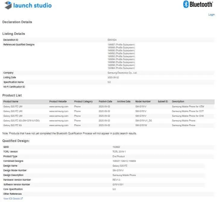samsung galaxy s20 fe bluetooth sig