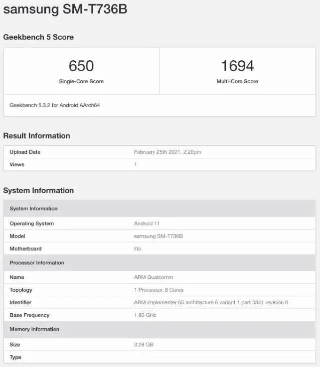 samsung galaxy tab s7 lite 5g sm t736b geekbench3