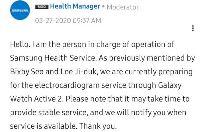 samsung galaxy watch active 2 ecg feature delayed forum announcement