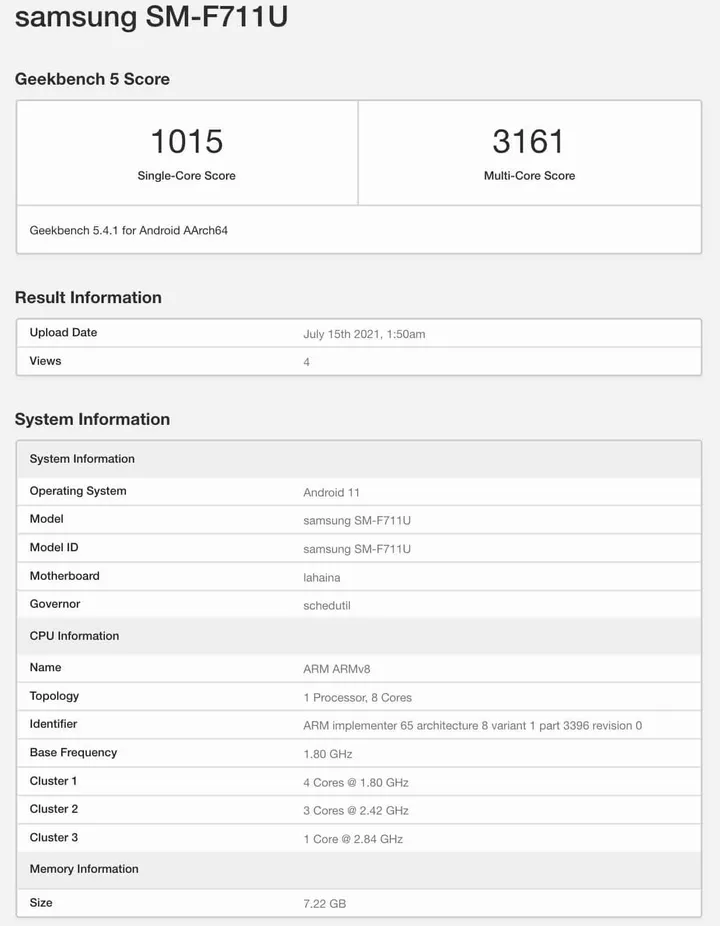 samsung galaxy z flip3 geekbench listing