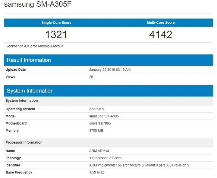 sm a305 geekbench galaxy a30