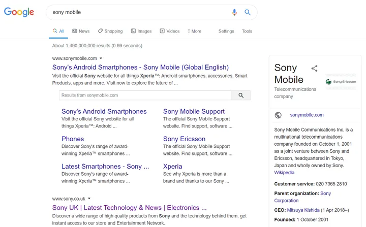 sony mobile google search results