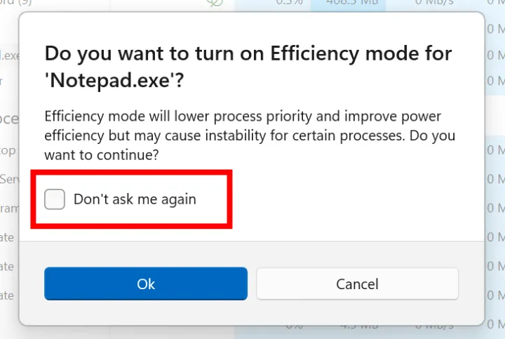 task manager efficiency mode dialog