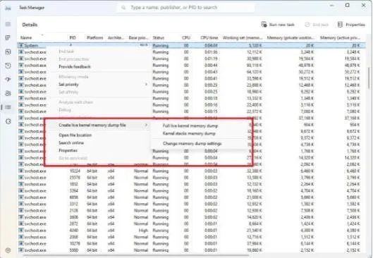 task manager with kernel dump