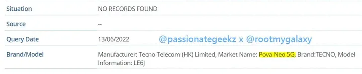 tecno pova neo 5g imei database