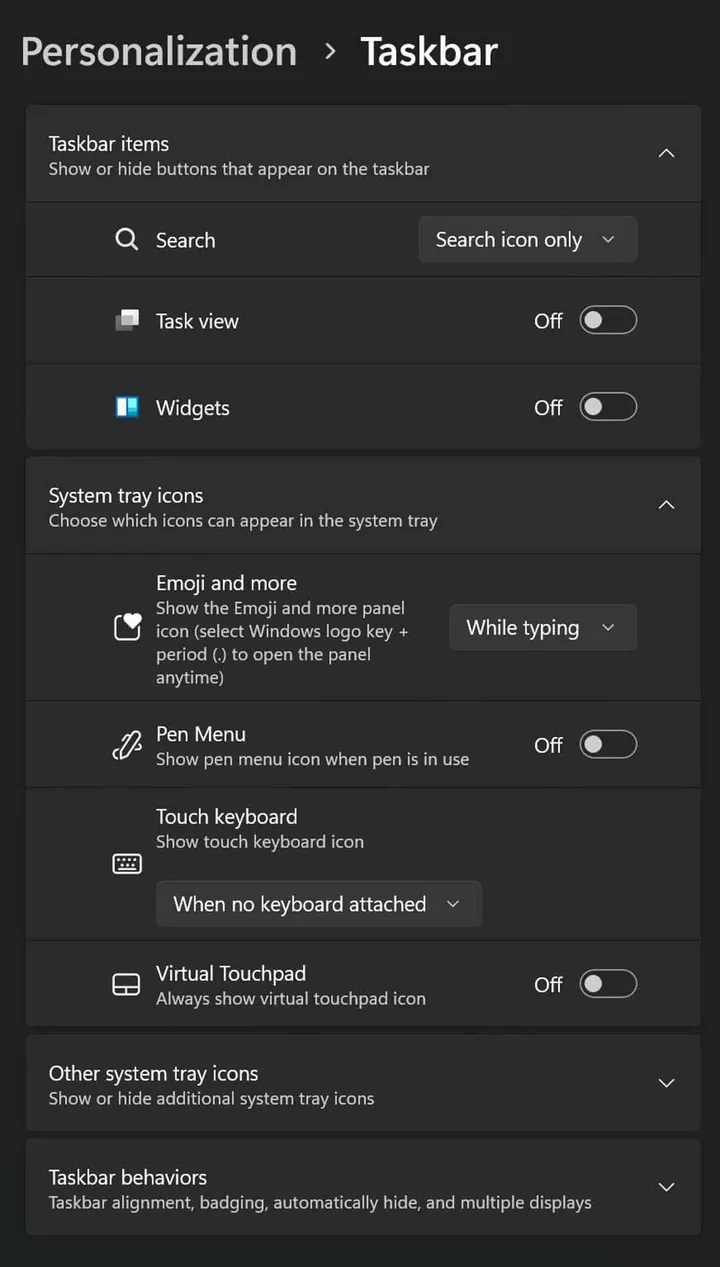turn off taskbar items 24h2