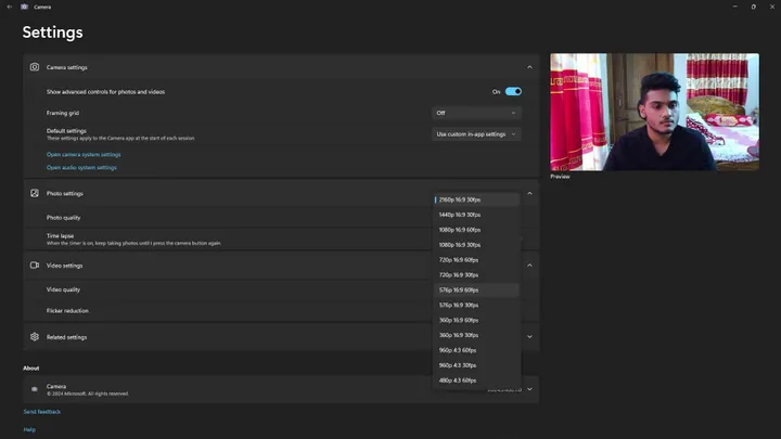 video resolution according to the windows camera app 2