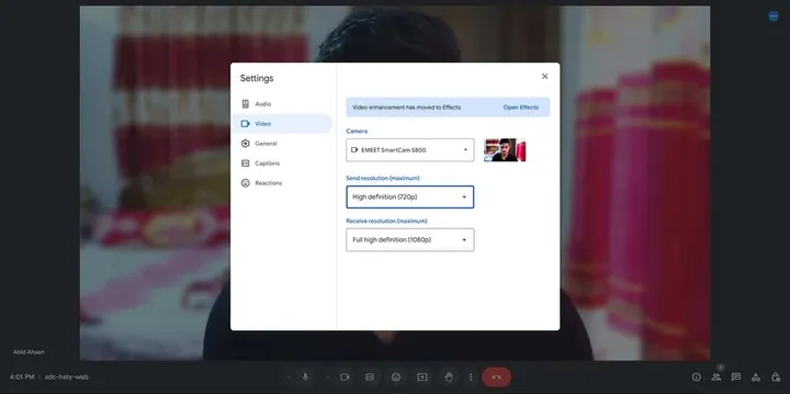 video resolution with emeet smartcam s800 in google meet