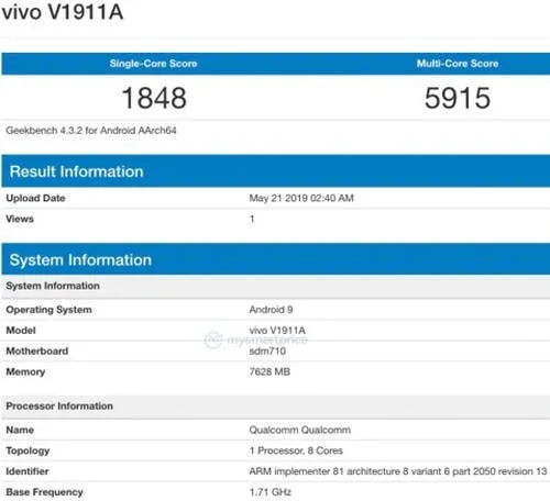 vivo v1911a geekbench vivo z5x