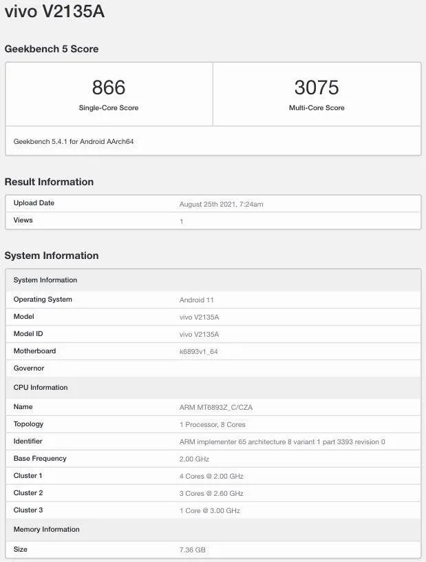 vivo x70t pro v2135a geekbench
