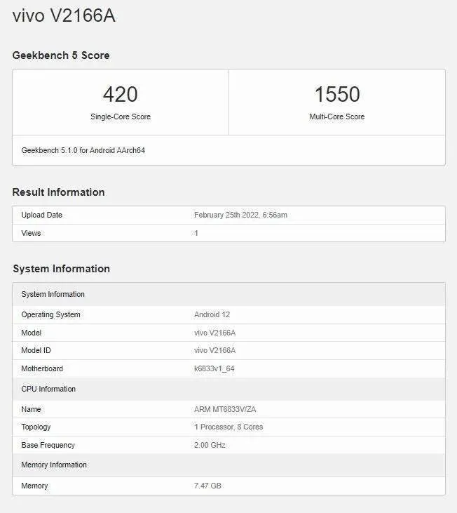 vivo y33s 5g geekbench database listing