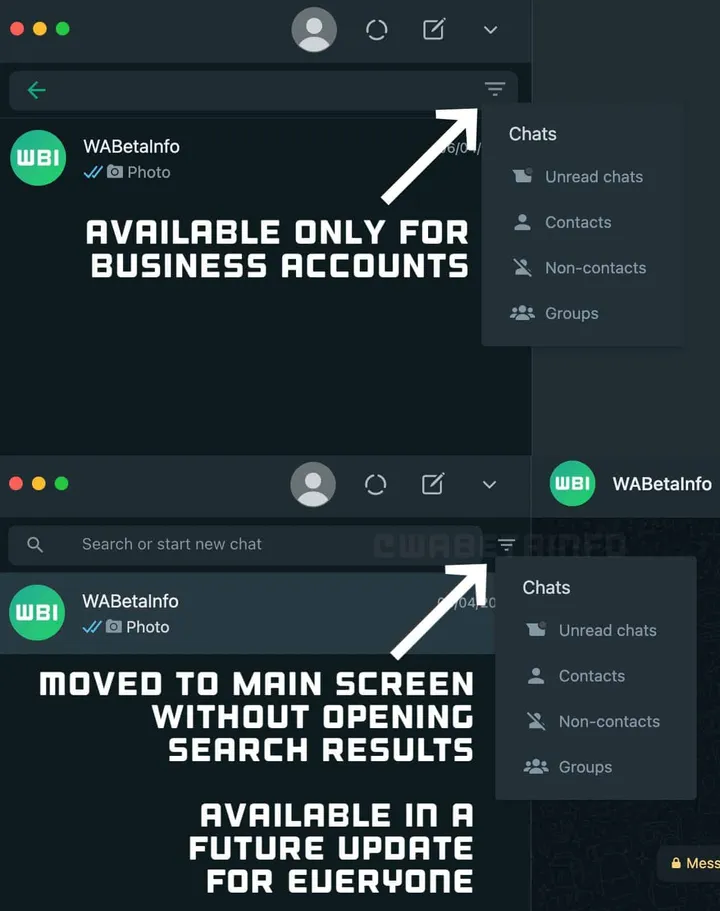 wa new chat filter standard wa accounts desktop